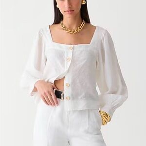 J. Crew White Square-Neck Linen Button Front Blouse